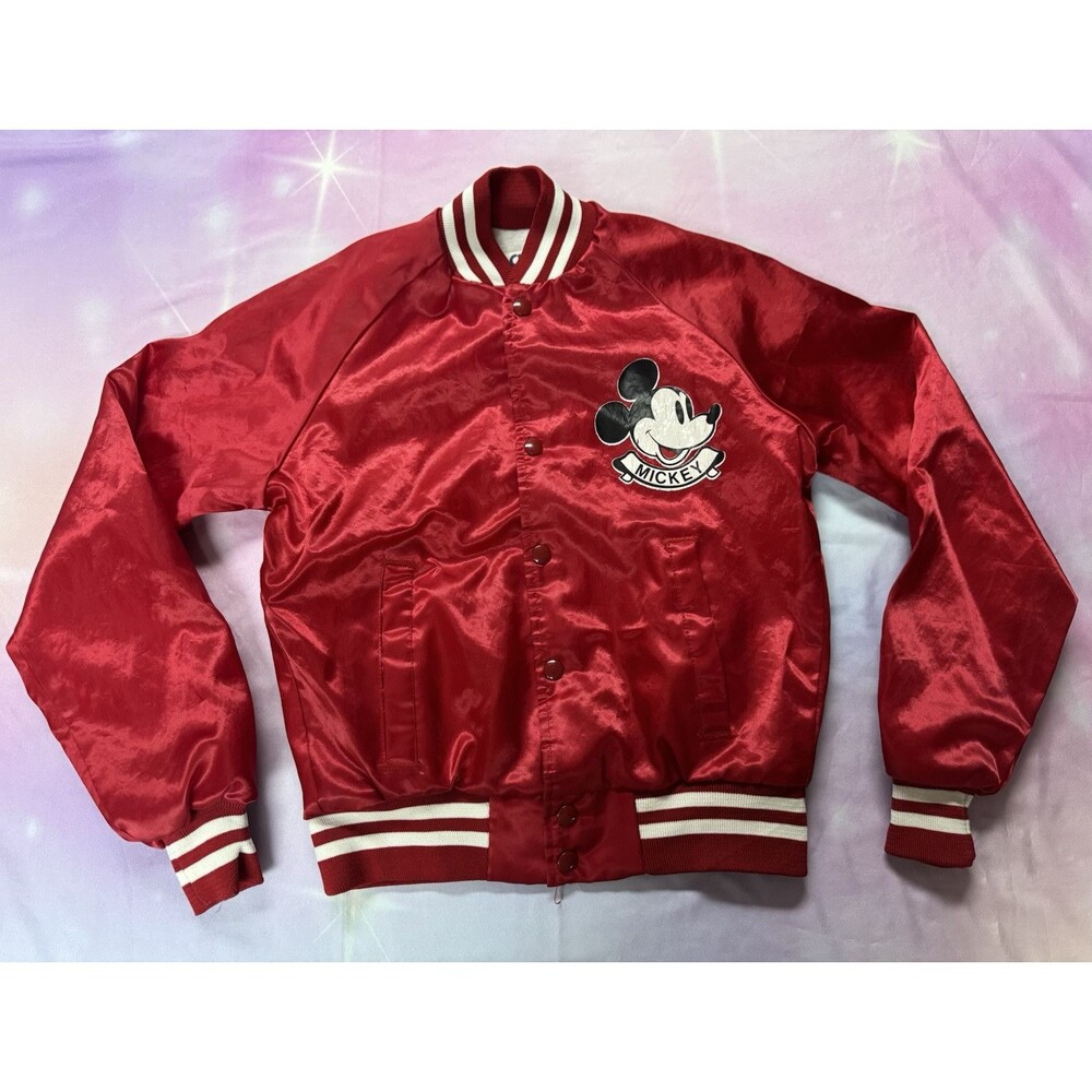 Vtg Disney 90s Chalk Line Mickey Mouse Red Varsity Satin Jacket Size 14/16 USA